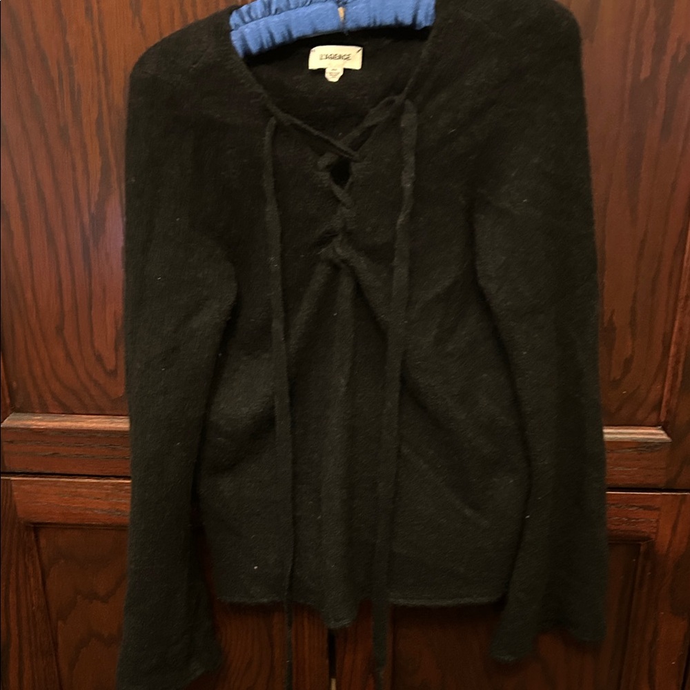 L'AGENCE Black V-Neck Sweater with Lace-Up Detail